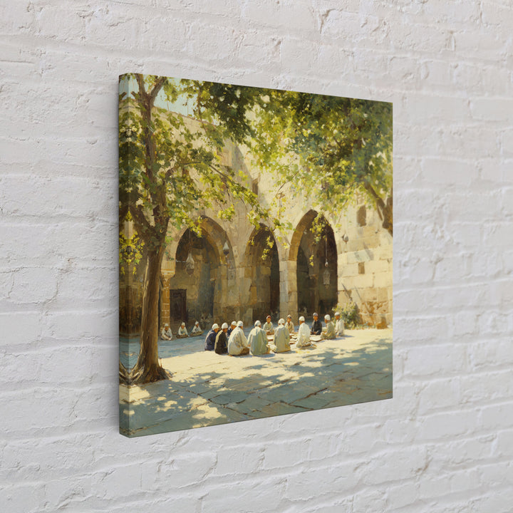 Sunlit Mosque Courtyard Gathering Under Trees Framed Canvas Print, Islamic Wall Art, Arabic Architecture, Serene Home Decor