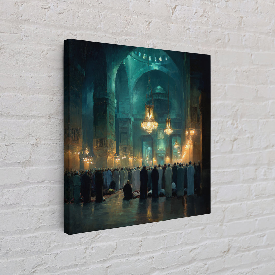 Teal Mosque Prayer Hall With Golden Chandeliers Canvas Print, Islamic Wall Decor, Spiritual Fine Art, Ramadan Gift, Elegant Home Decor
