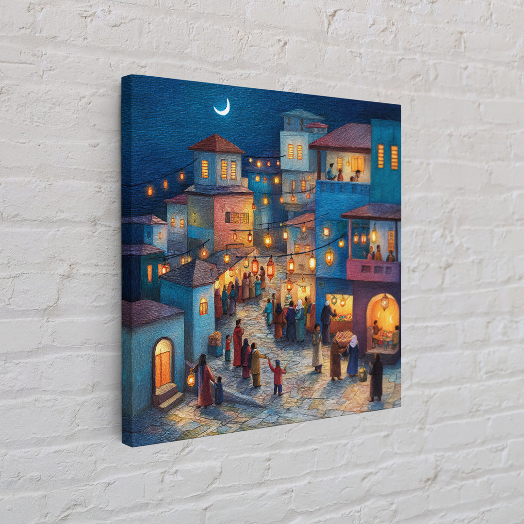 Moonlit Lantern Village Wall Art, Middle Eastern Night Market Canvas Print, Ramadan Decor, Cozy Blue Homes, Housewarming Gift