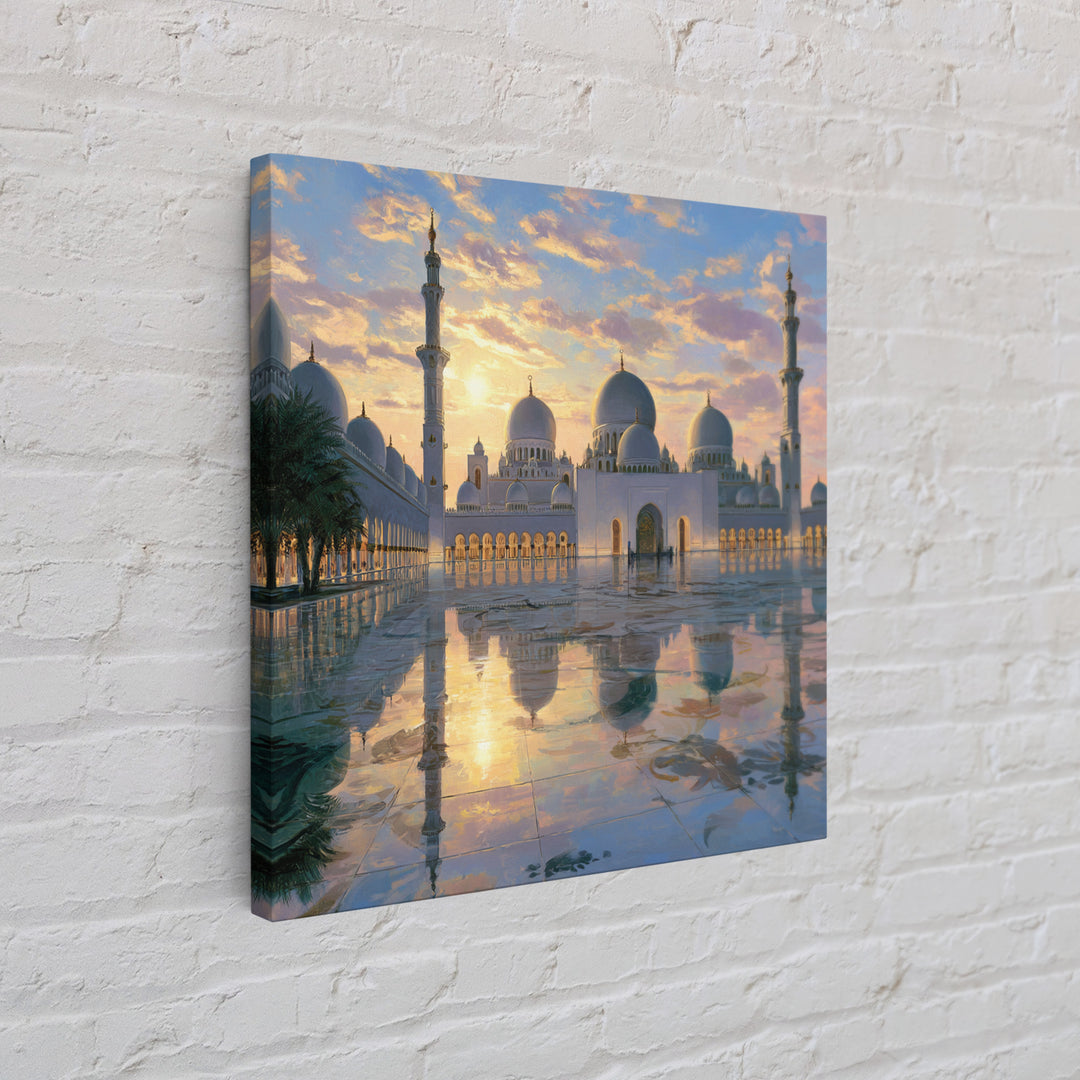 White Grand Mosque At Sunset Framed Canvas Print, Islamic Wall Art, Abu Dhabi Architecture, Spiritual Decor, Luxury Home Decor