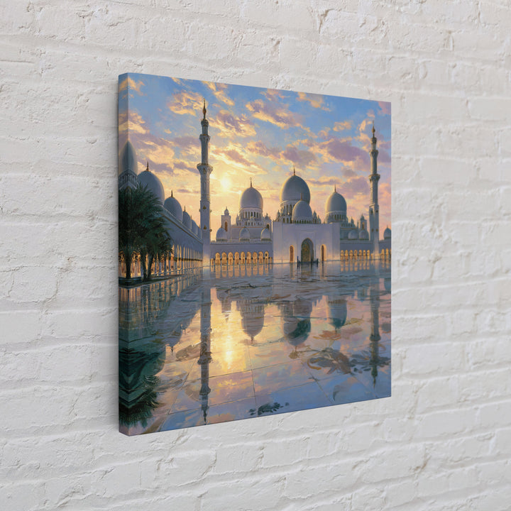White Grand Mosque At Sunset Framed Canvas Print, Islamic Wall Art, Abu Dhabi Architecture, Spiritual Decor, Luxury Home Decor