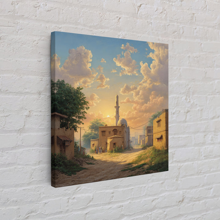 Sunlit Village Mosque At Golden Sunset Wall Art, Islamic Landscape Canvas Print, Rustic Travel Decor, Serene Home Gift For Living Room