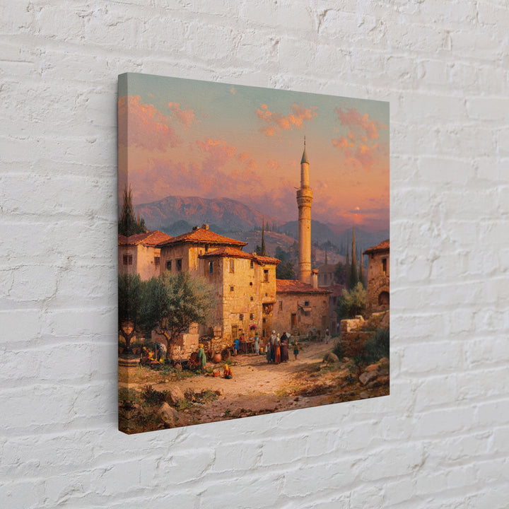 Sunset Village With Minaret Wall Art, Mediterranean Landscape Print, Islamic Architecture Decor, Travel Poster For Living Room