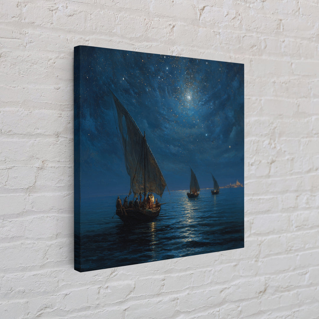 Starry Night Sailboats On Moonlit Sea Wall Art, Nautical Coastal Canvas Print, Ocean Landscape Decor, Romantic Travel Gift