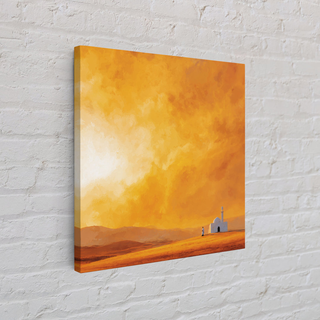 Glowing Orange Desert Mosque Canvas Print, Minimalist Landscape Art, Islamic Wall Decor, Warm Neutral Home Decor Gift Idea