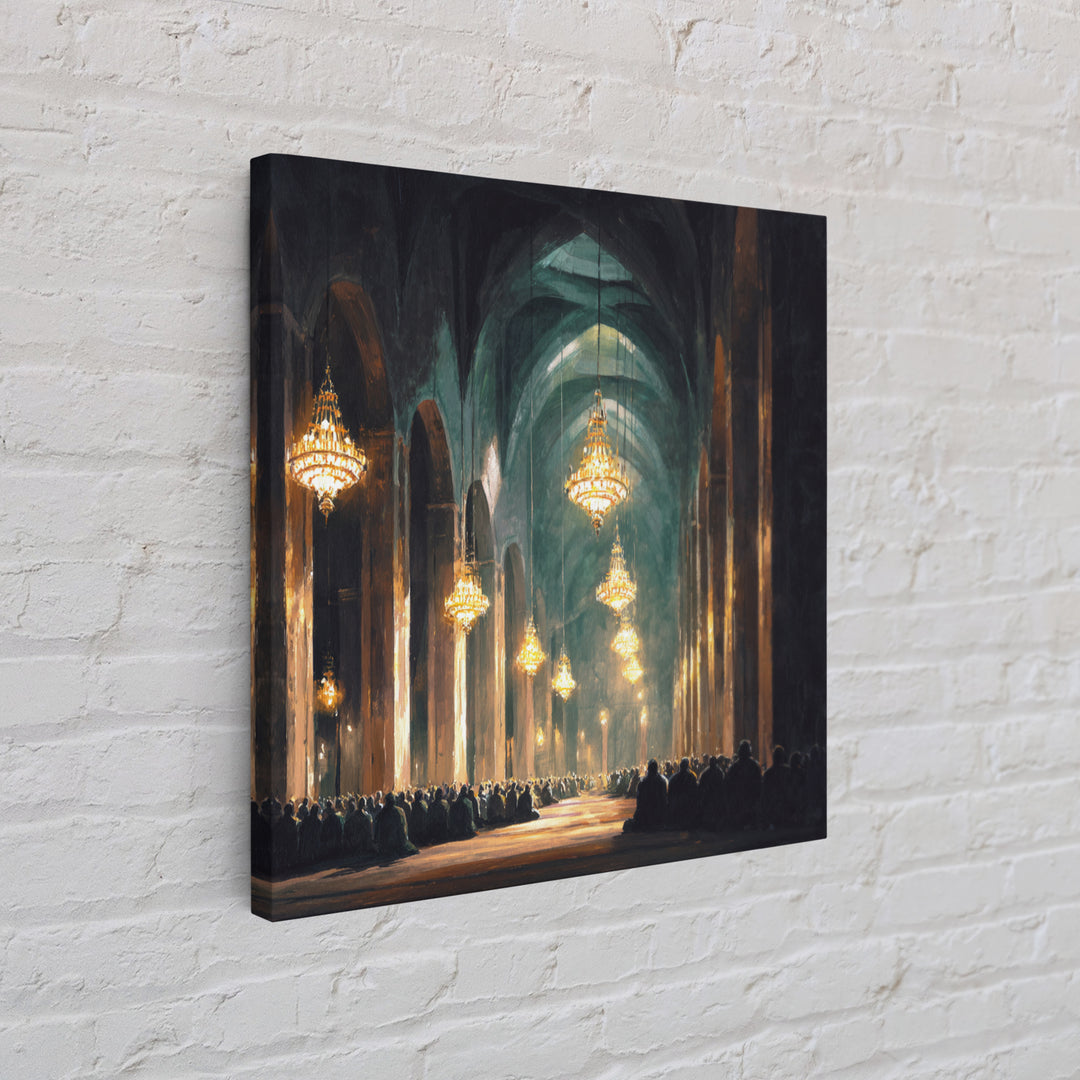 Grand Mosque Chandeliers Canvas Print, Islamic Architecture Wall Art, Spiritual Decor, Prayer Room Art, Elegant Home Decor