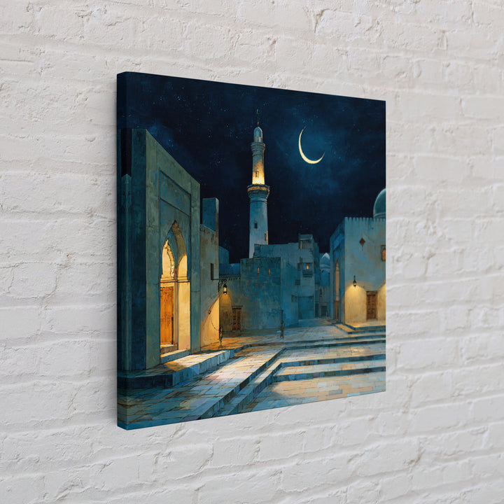 Blue Moonlit Mosque Courtyard With Crescent Moon Wall Art, Islamic Wall Decor, Celestial Night Print, Serene Home Decor Gift