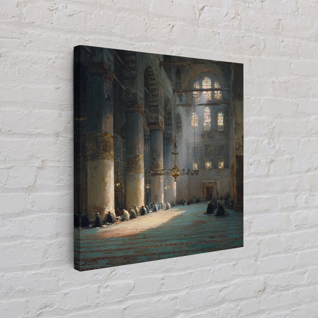 Sunlit Mosque Prayer Hall Framed Canvas Print, Islamic Wall Art, Arabic Architecture Decor, Spiritual Office Wall Decor Art