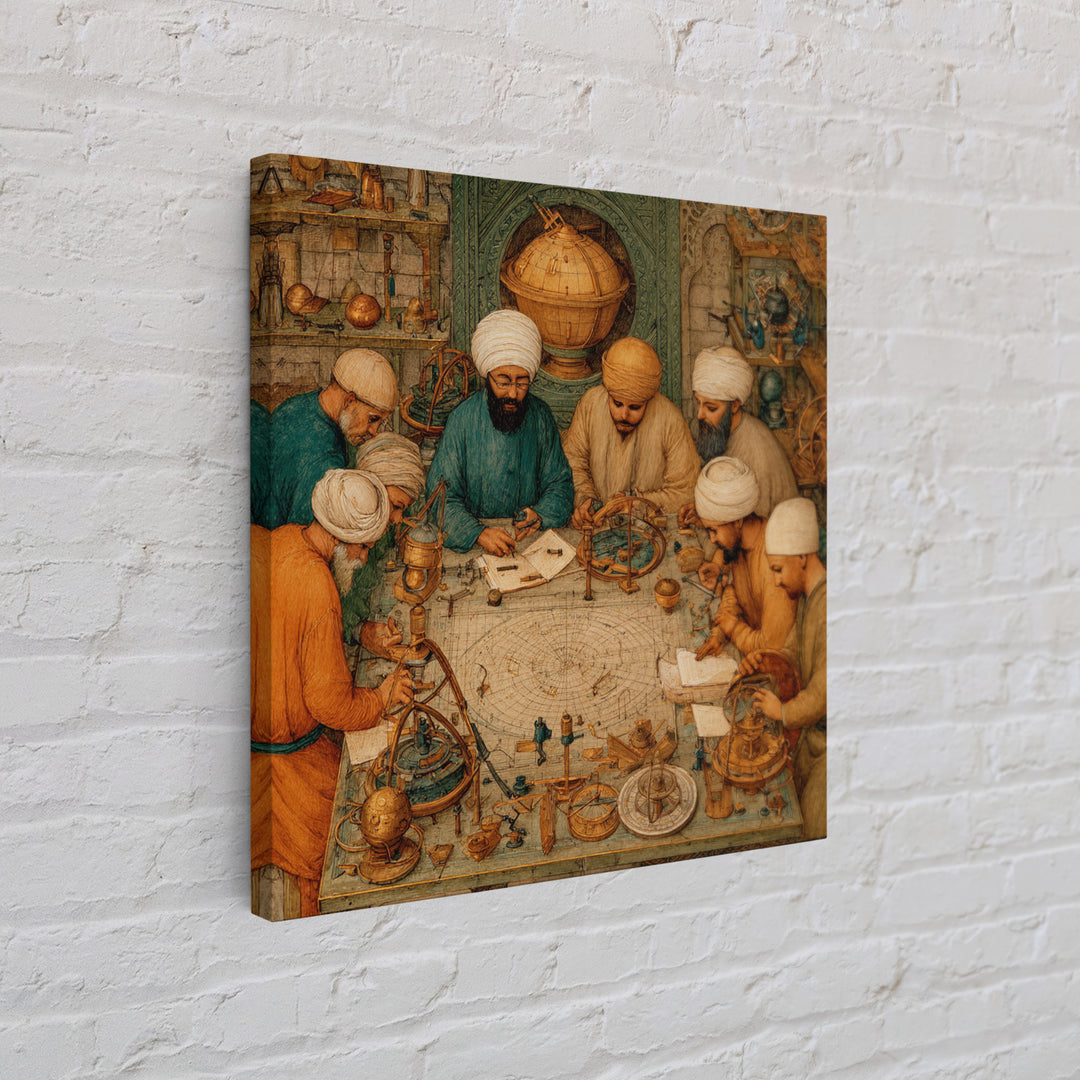 Medieval Astronomers Studying Celestial Maps Wall Art, Islamic Science Illustration Canvas Print For Library Office Decor