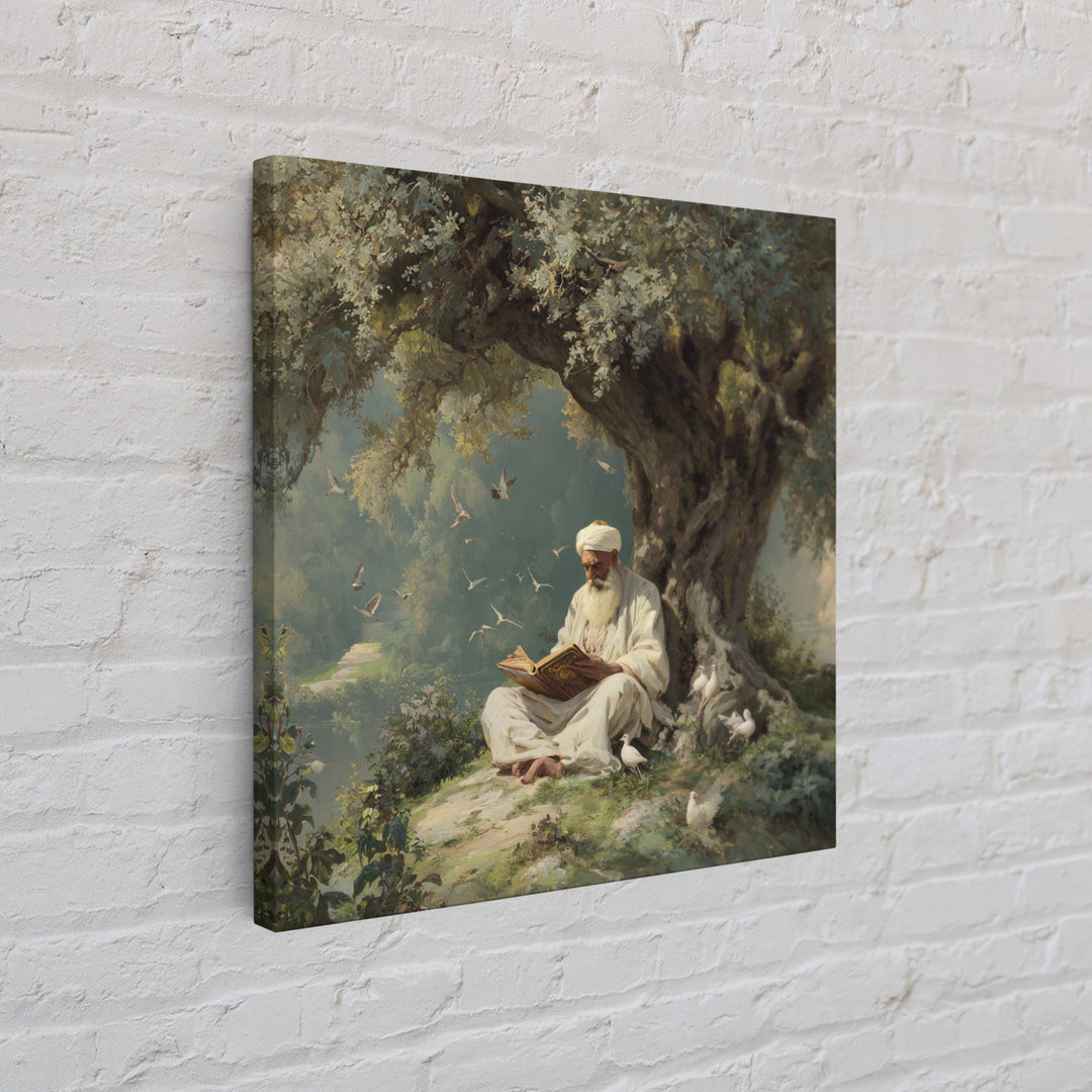 Scholar Reading Beneath Ancient Olive Tree With Doves Canvas Print, Islamic Wall Art, Spiritual Home Decor, Prayer Room Gift