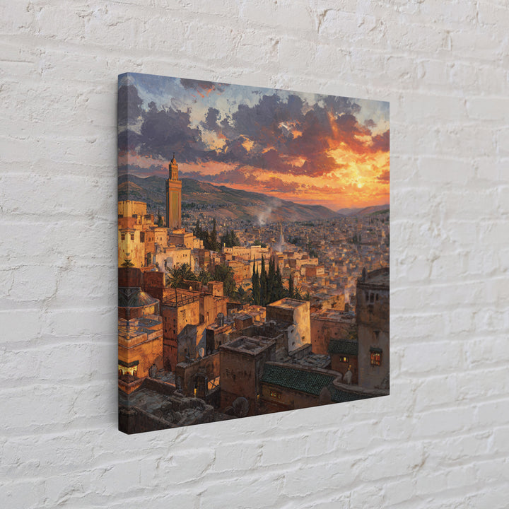 Moroccan City Rooftops At Sunset Wall Art, Marrakech Travel Canvas Print, Warm Mediterranean Living Room Decor Housewarming Gift