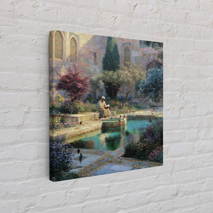 Serene Islamic Garden Courtyard With Reader Wall Art, Meditation Framed Canvas Print, Botanical Zen Home Decor Gift For Her