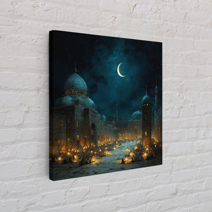 Moonlit Mosque Courtyard With Crescent Canvas Print, Islamic Wall Art, Ramadan Lantern Decor For Prayer Room And Home Decor