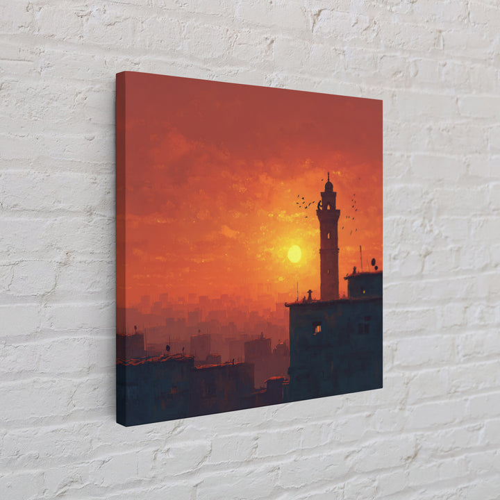 Orange City Sunset With Minaret Tower Silhouette Canvas Print, Islamic Wall Art, Moroccan Decor, Travel Poster, Home Decor