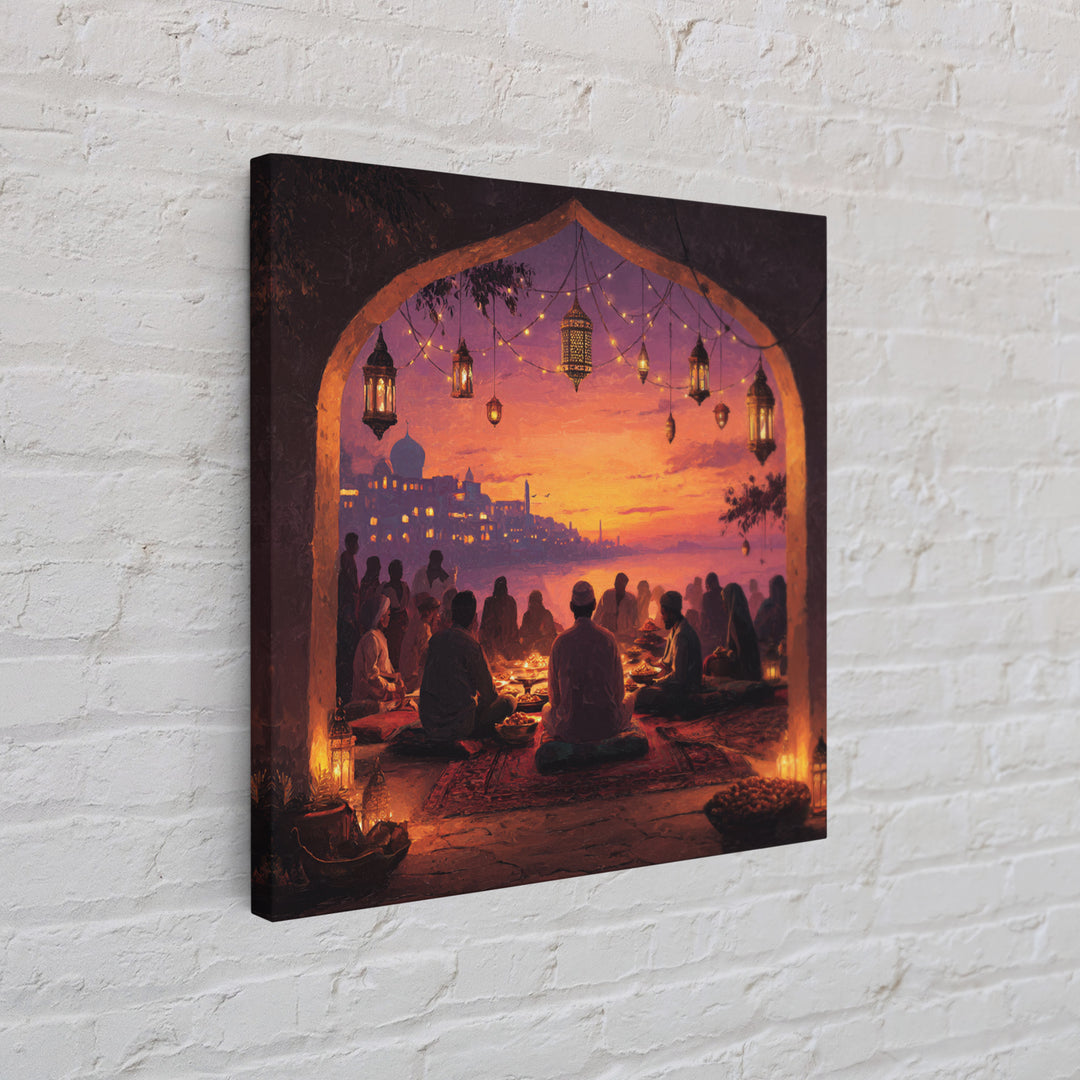 Ramadan Sunset Gathering Wall Art, Lantern Iftar Dinner Scene, Islamic Home Decor, Warm Spiritual Canvas Print Gift For Prayer Room
