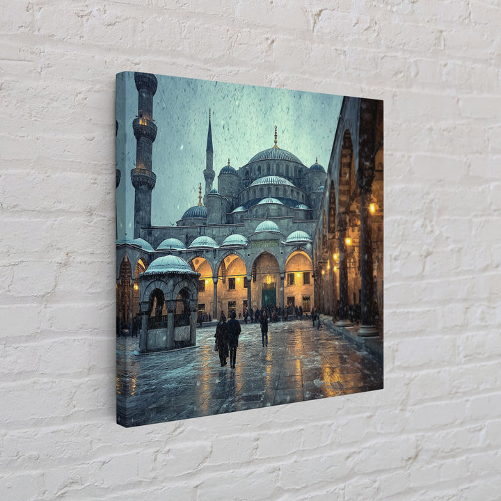 Snowy Blue Mosque Courtyard Canvas Print, Islamic Architecture Wall Art, Istanbul Travel Poster, Spiritual Decor, Home Decor