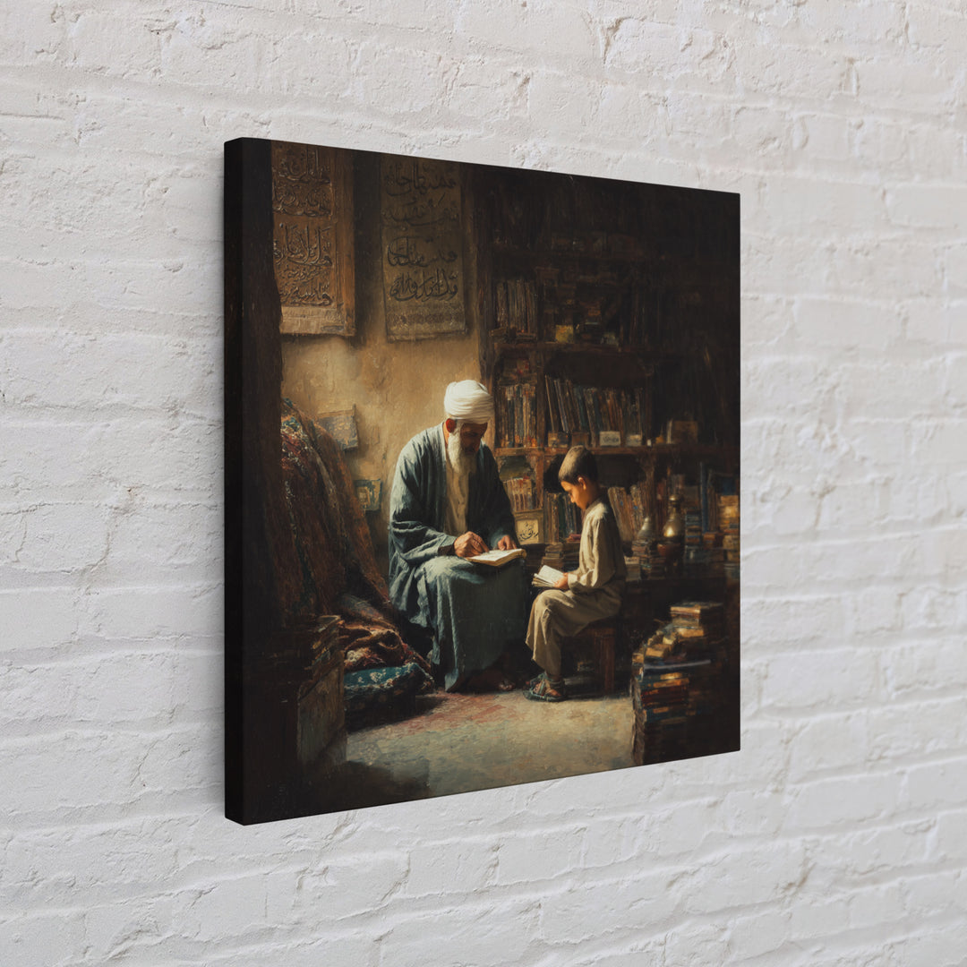 Elder Scholar And Child Reading In Ancient Library Wall Art, Islamic Decor, Dark Academia, Arabic Calligraphy Fine Art Print