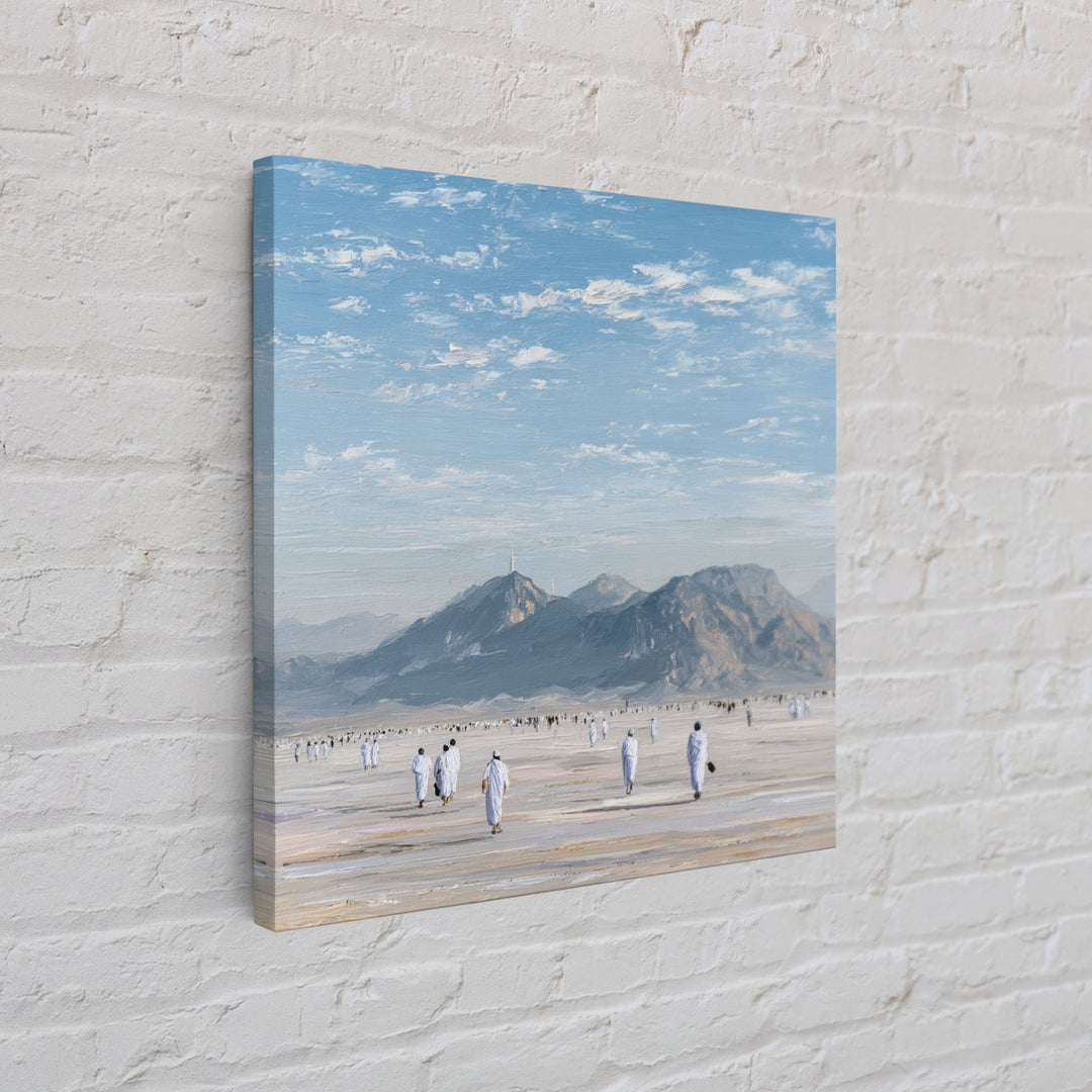 Pilgrims Walking Toward Desert Mountains Wall Art, Minimalist Landscape Canvas Print, Islamic Travel Decor, Calm Neutral