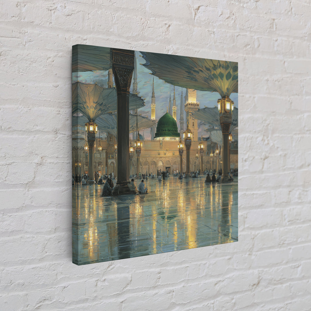 Green Dome Mosque Courtyard With Lantern Reflections Framed Canvas Print, Islamic Wall Art, Medina Decor, Spiritual Gift