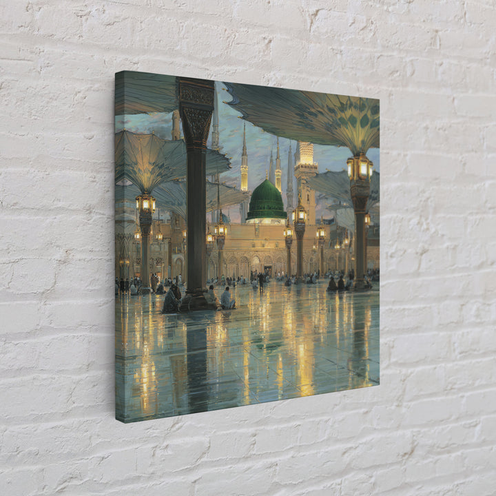 Green Dome Mosque Courtyard With Lantern Reflections Framed Canvas Print, Islamic Wall Art, Medina Decor, Spiritual Gift