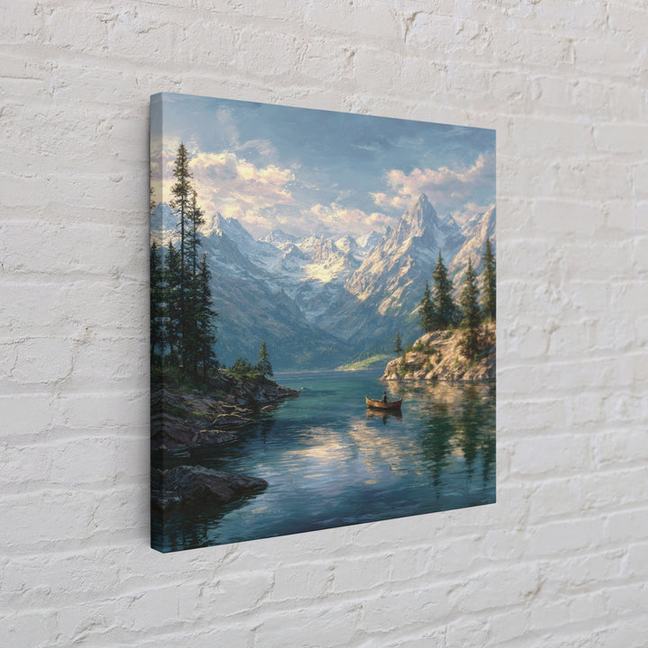 Alpine Lake And Snowy Mountains Framed Canvas Print, Scenic Landscape Art, Cabin Wall Decor, Nature Gift For Living Room
