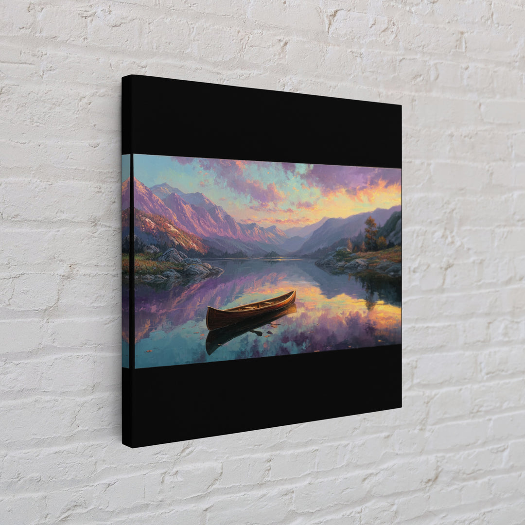Canoe On Serene Mountain Lake Canvas Print, Sunset Landscape Wall Art, Rustic Cabin Decor For Living Room And Bedroom Decor