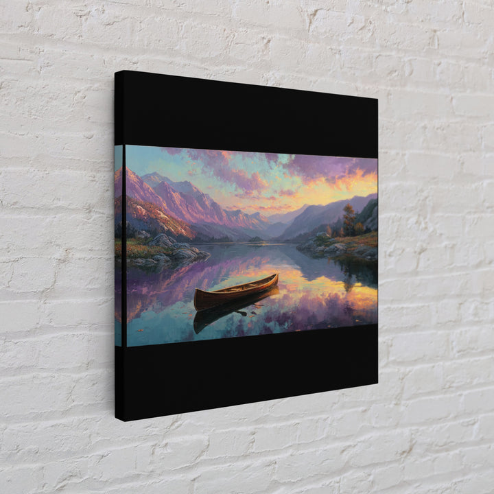 Canoe On Serene Mountain Lake Canvas Print, Sunset Landscape Wall Art, Rustic Cabin Decor For Living Room And Bedroom Decor