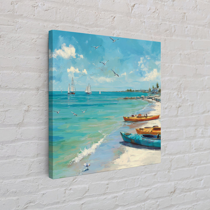 Turquoise Beach Boats And Seagulls Canvas Print, Coastal Wall Art, Ocean Seascape Decor For Beach House Living Room Decor