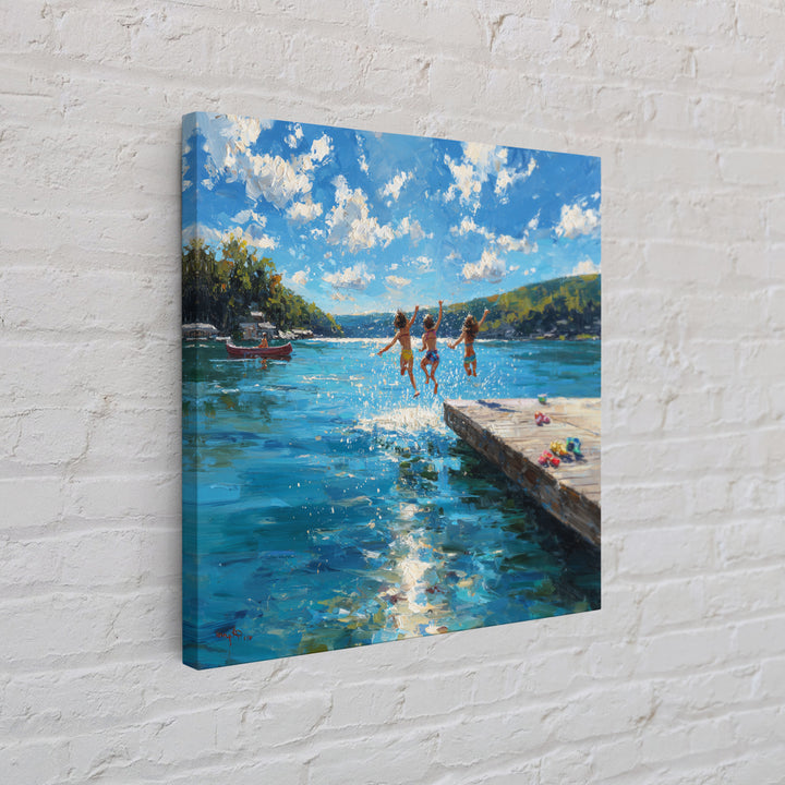 Kids Jumping Off A Sunny Lake Dock Wall Art, Summer Landscape Canvas Print, Lake House Decor, Playroom Art Gift For Coastal Home