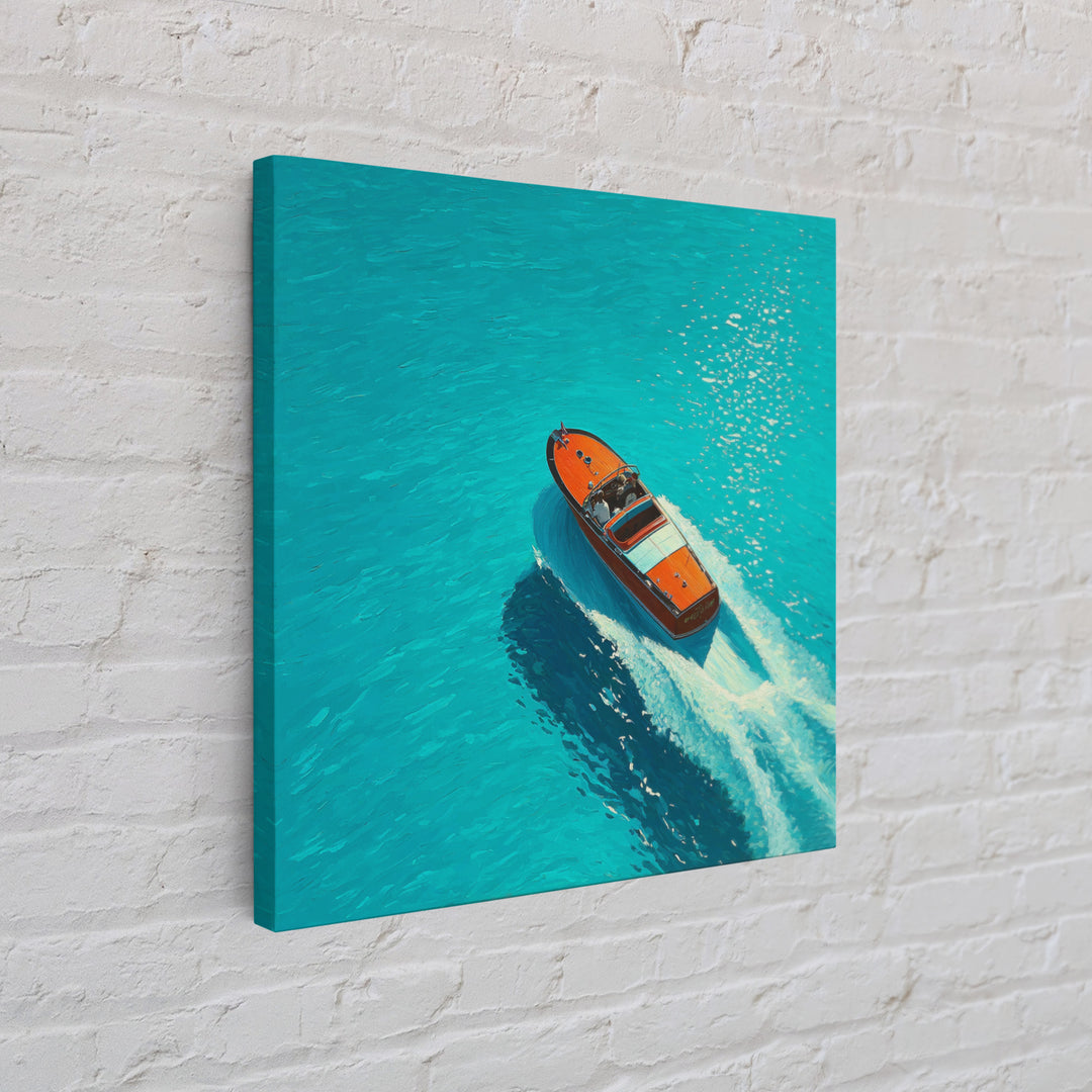 Turquoise Speedboat On Open Water Canvas Print, Coastal Wall Art, Nautical Travel Decor, Modern Beach House Art Gift For Her