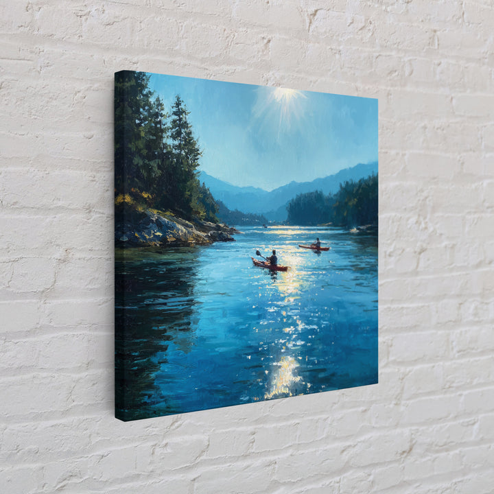 Sunlit Kayakers On Blue Mountain Lake Wall Art, Coastal Landscape Canvas Print, Nature Wall Decor For Living Room Home Decor Gift