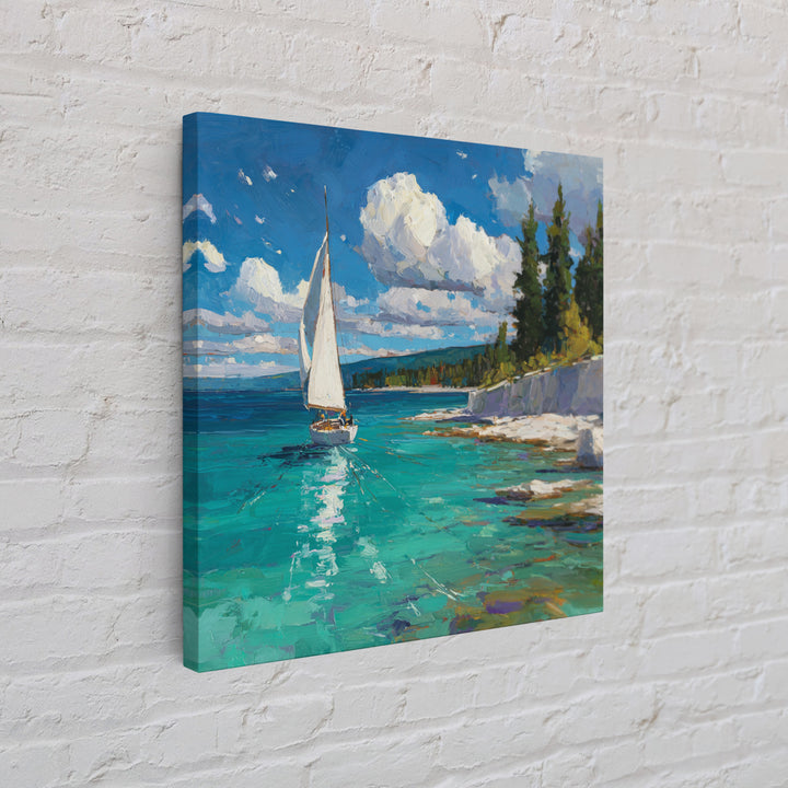 White Sailboat On Turquoise Lake Wall Art, Coastal Landscape Painting, Nautical Lake House Decor, Impasto Framed Canvas Print
