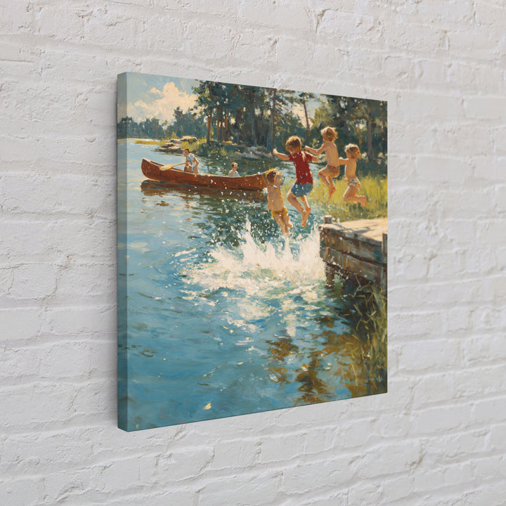 Children Jumping Into Sunny Lake Canvas Print, Summer Cabin Wall Art, Rustic Lake House Decor, Kids Room Art, Family Gift