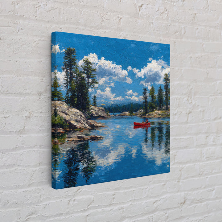 Red Canoe On Alpine Lake Wall Art, Mountain Landscape Painting, Rustic Cabin Decor, Pine Forest Nature Lover Framed Canvas Print