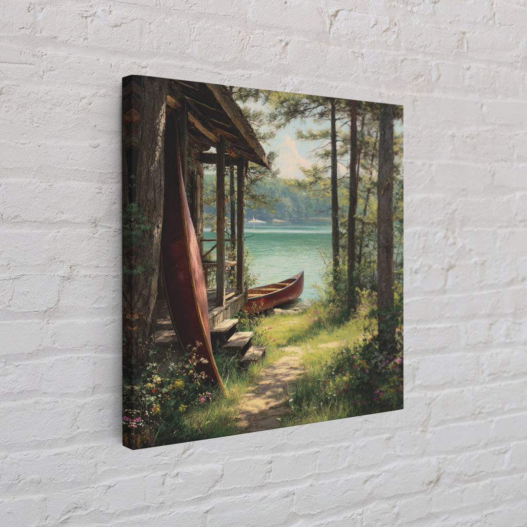 Lakeside Cabin With Red Canoes Framed Canvas Print, Rustic Lake House Wall Art, Cozy Nature Decor, Peaceful Getaway Gift
