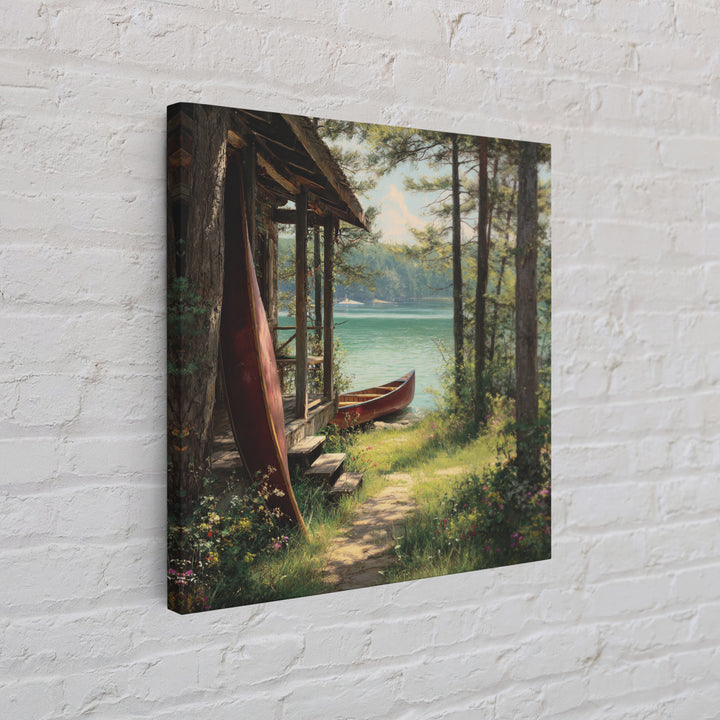 Lakeside Cabin With Red Canoes Framed Canvas Print, Rustic Lake House Wall Art, Cozy Nature Decor, Peaceful Getaway Gift