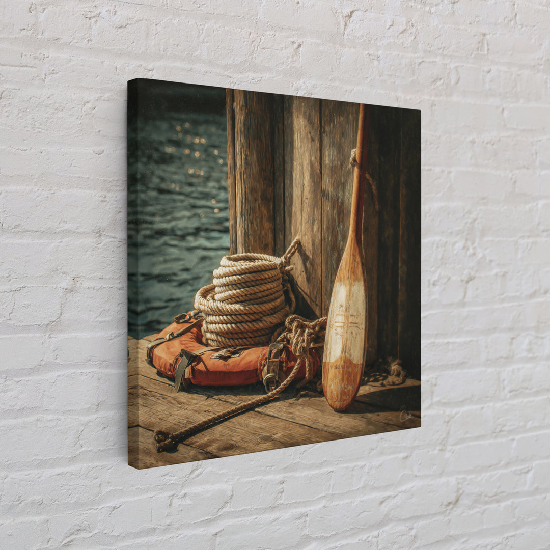 Weathered Oar And Coiled Rope Canvas Print, Nautical Wall Art, Rustic Coastal Decor, Seaside Lake House Gift For Boat Lovers