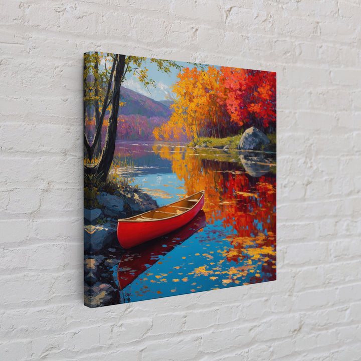 Red Canoe On Autumn Lake Wall Art, Colorful Fall Landscape Painting, Cabin Decor, Nature Wall Art, Housewarming Gift, Large Canvas Print