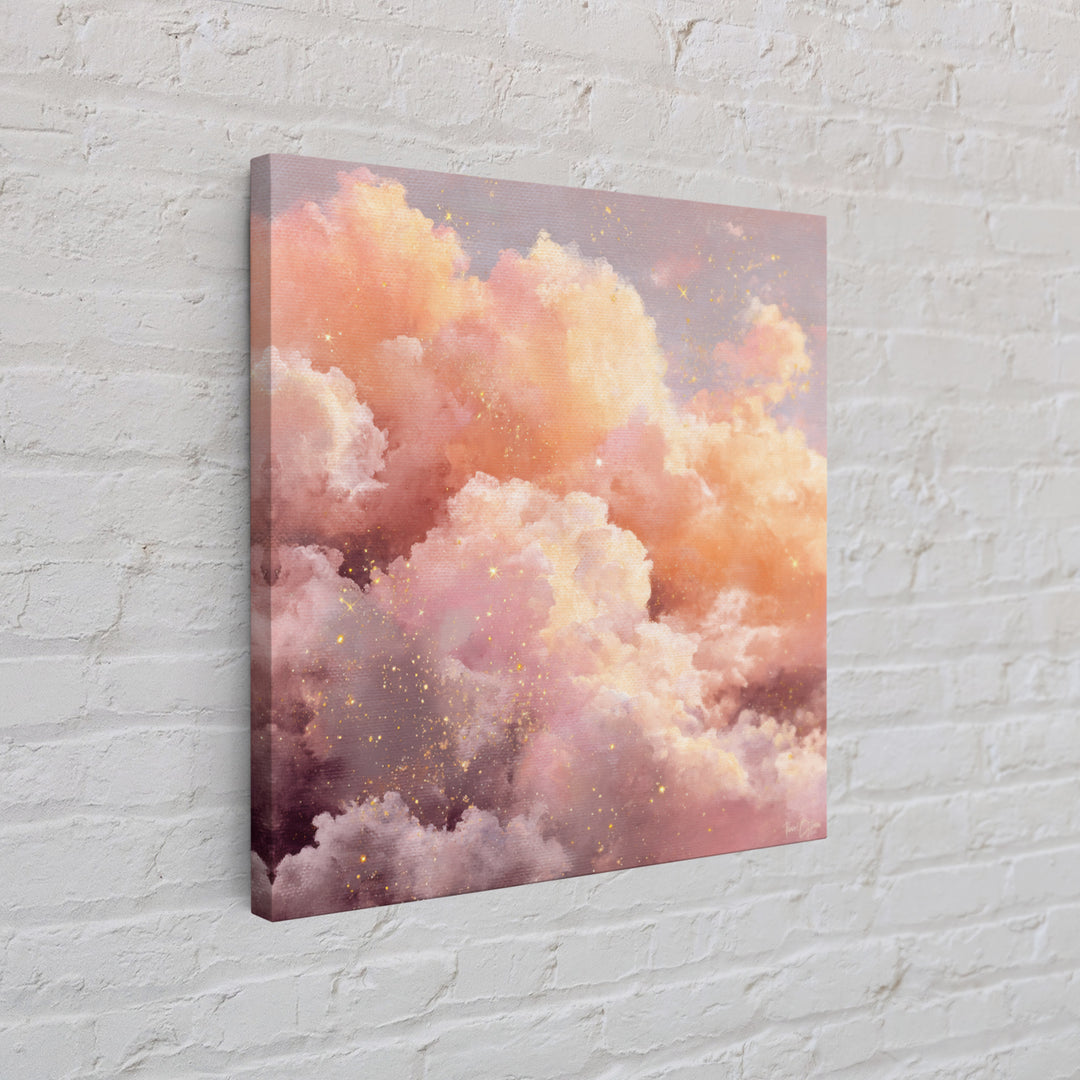 Blush Pink Celestial Clouds With Golden Stars Wall Art, Dreamy Sky Canvas, Pastel Bedroom Decor, Nursery Gift, Ethereal Home Decor