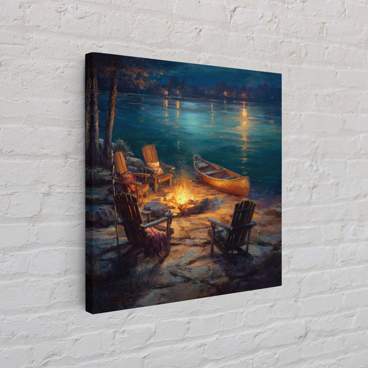 Lakeside Campfire Adirondack Chairs Wall Art, Canoe Night Lake Canvas Print, Cabin Decor, Rustic Housewarming Gift For Lake House