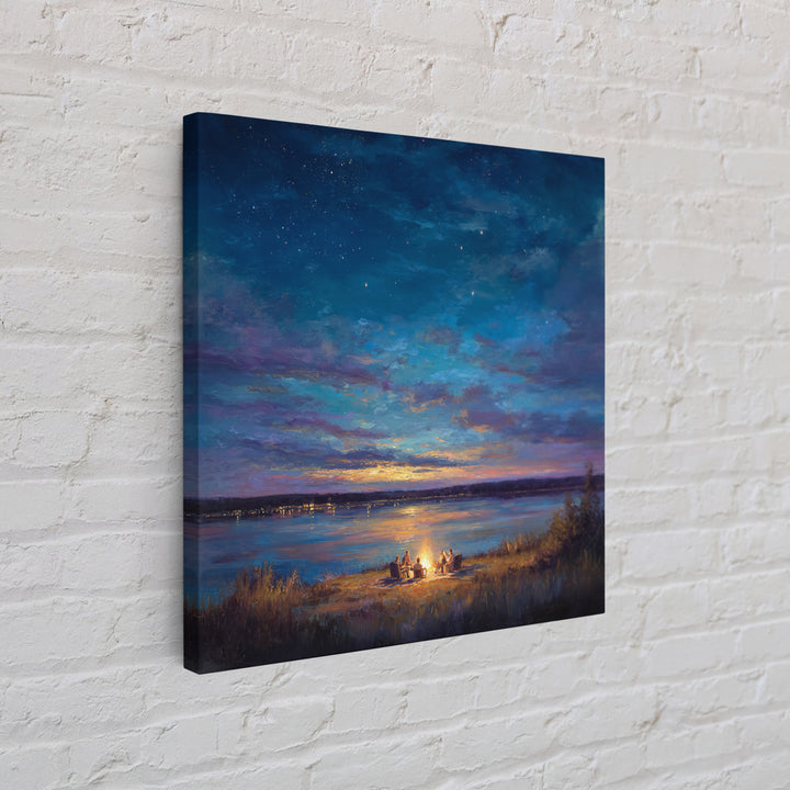Starry Lakeside Campfire Canvas Print, Moody Night Sky Landscape Art, Cabin Wall Decor, Cozy Living Room Art, Housewarming Gift