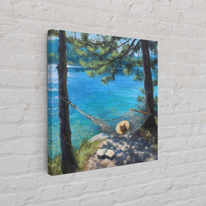 Pine Lake Hammock Reading Nook Wall Art, Coastal Lake House Decor, Peaceful Nature Canvas Print, Relaxing Bedroom Art Gift
