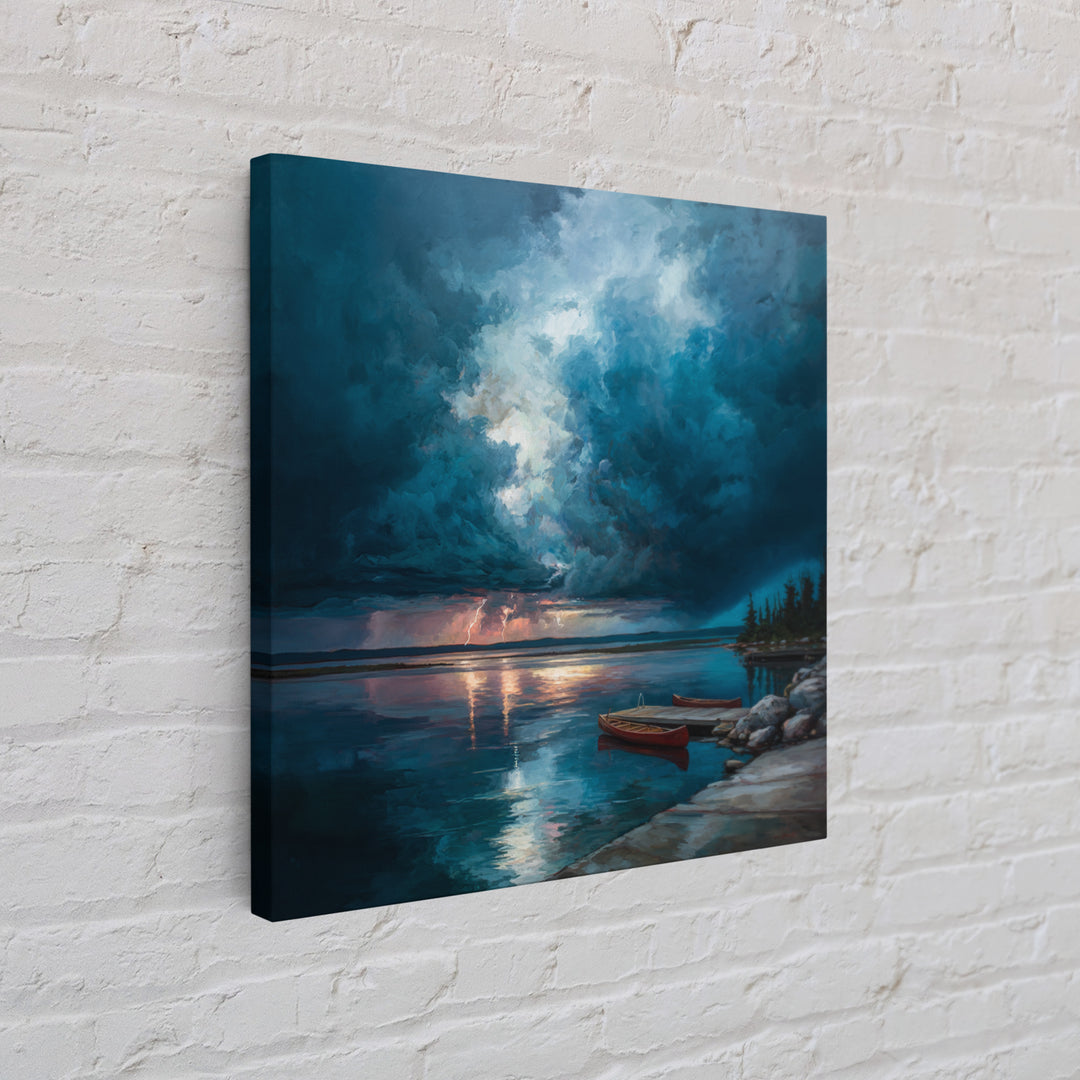 Moody Storm Over Lake With Canoes Canvas Print, Blue Seascape Wall Art, Dramatic Lightning Landscape, Cabin Decor, Nature Gift