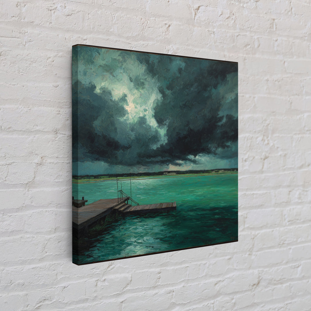 Stormy Turquoise Lake Dock And Dark Clouds Canvas Print, Moody Landscape Art, Coastal Wall Decor, Office Wall Art Gift For Him