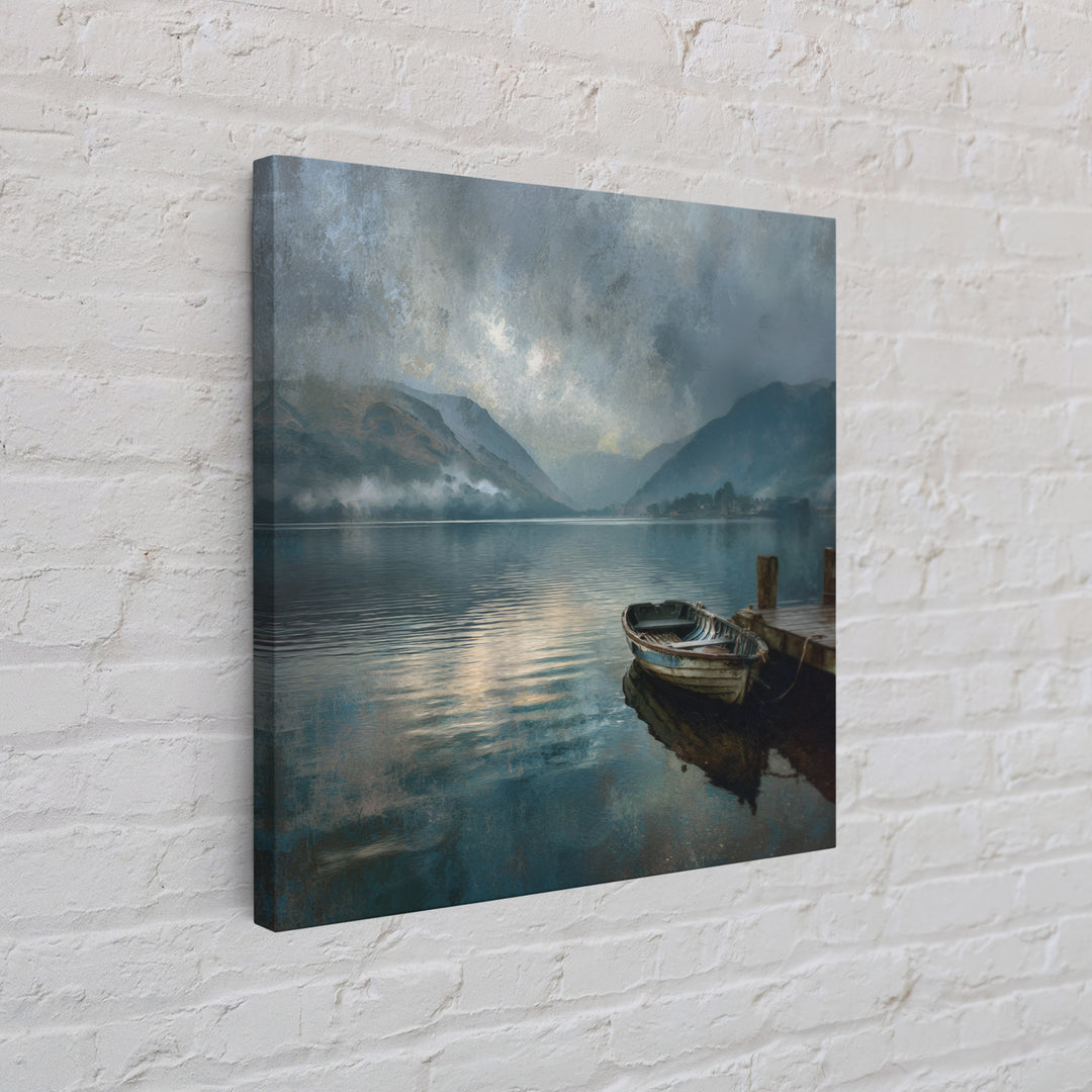 Moody Mountain Lake With Old Boat Wall Art, Misty Landscape Framed Canvas Print, Rustic Cabin Living Room Decor Housewarming Gift