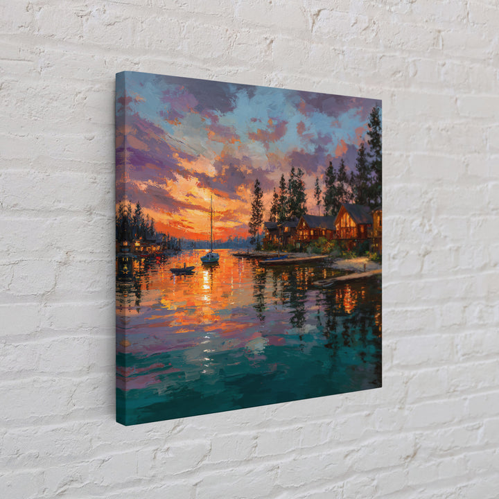 Glowing Lakeside Cabins At Sunset Wall Art, Coastal Landscape Canvas Print, Lake House Decor, Rustic Cabin Living Room Art