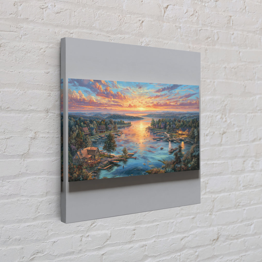 Sunset Lake Village Framed Canvas Print, Panoramic Landscape Wall Art, Coastal Cabin Decor, Large Living Room Art, Housewarming Gift