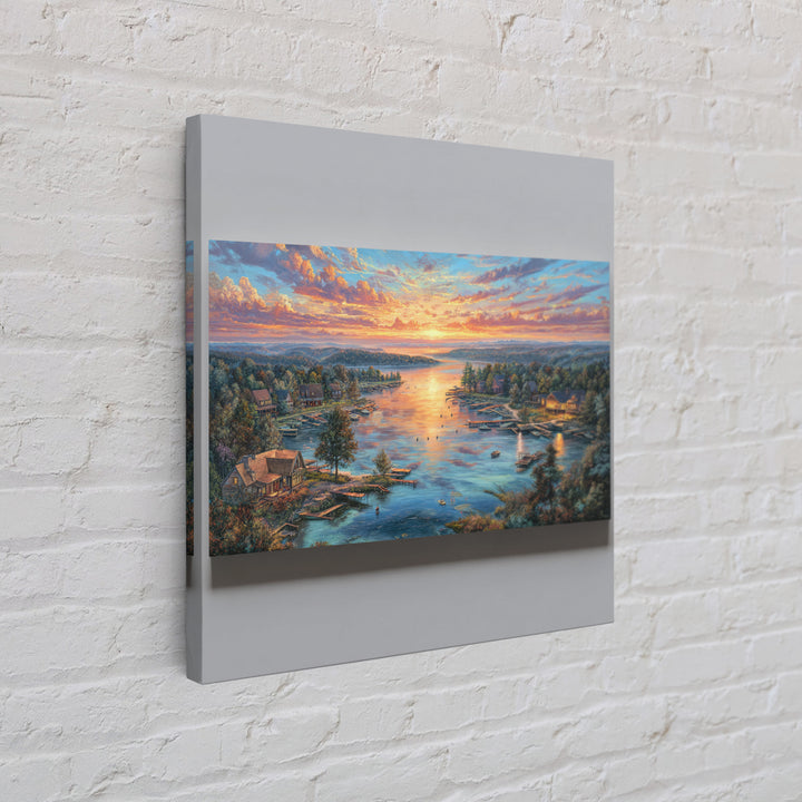 Sunset Lake Village Framed Canvas Print, Panoramic Landscape Wall Art, Coastal Cabin Decor, Large Living Room Art, Housewarming Gift