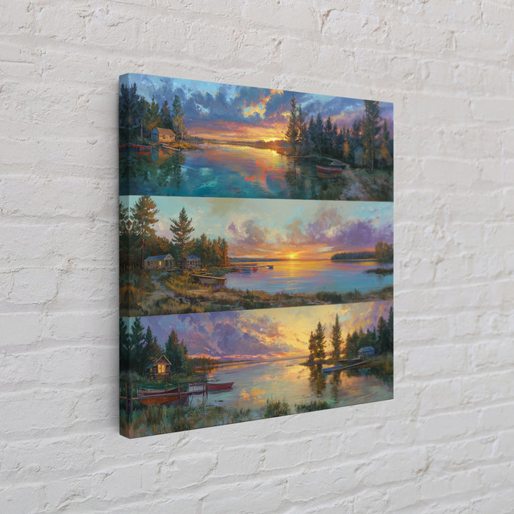 Three Serene Lake Sunset Panels Canvas Print, Panoramic Landscape Wall Art, Cabin Decor, Coastal Living Room Prints, Lake House Art