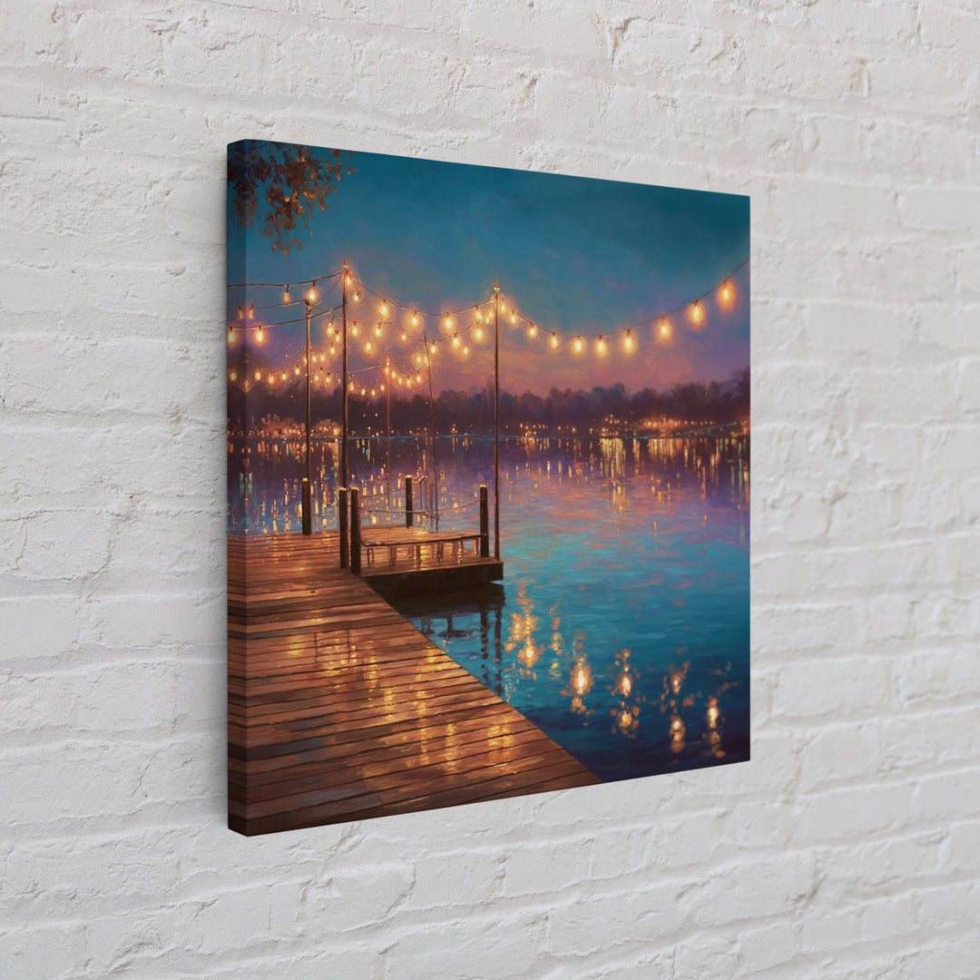 Twilight Lake Dock Lights Wall Art, Romantic Waterfront Canvas Print, Cozy Living Room Decor, Lake House Decor Gift For Her